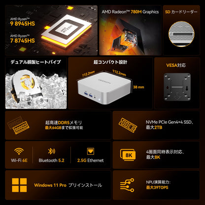 GEEKOM A8 ミニPC AMD Ryzen R7-8745HS（16GB RAM + 1TB SSD）